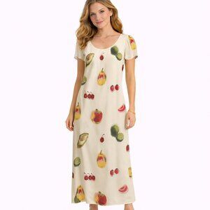 TESSUTO Vintage Fruit Print Maxi Long Dress 90s Rayon USA Made Sz M Ivory